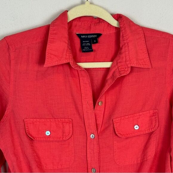 Max Edition Tie Front Button Down Linen Blend Convertible Sleeve Shirt S - Picture 2 of 7